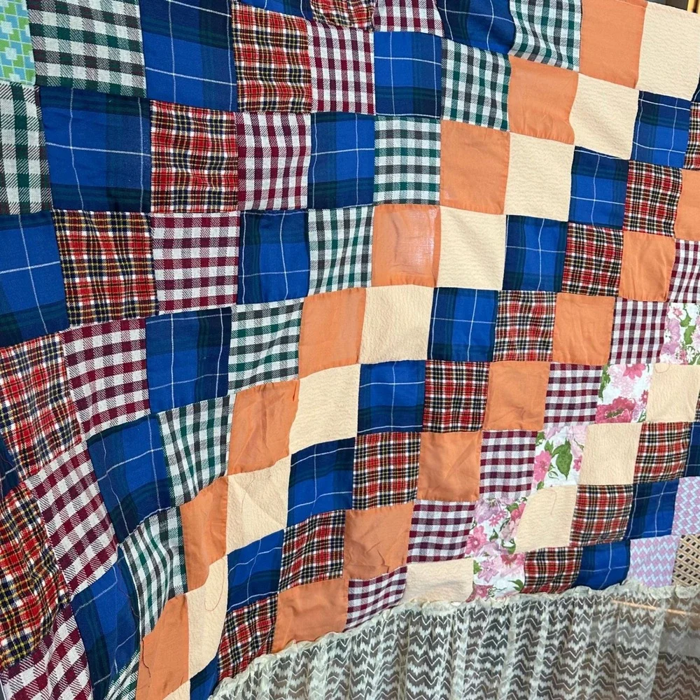 VTG Handmade Patchwork‎ Quilt 42x86 Plaid Floral Fabric Lace Embroidery Cottage